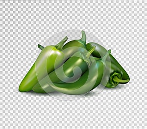 Hot green pepper on transparent background. Jalapeno groupe. Quality realistic vector, 3d illustration.