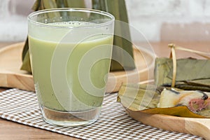 Hot green tea soybean milk on glass