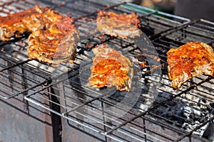 Hot grill ribs barbeque on lattice