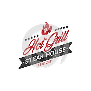 Hot Grill Steak house rustic logo emblem, Vintage Retro barbecue Grill vector illustration symbol