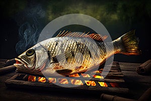 Hot grilled dorado fish on grill grate. Whole Bbq sea bream fish - Generative AI