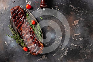 hot grilled spare ribs on cutting board on a dark background. American Spare Ribs in BBQ Sauce. Restaurant menu, dieting, cookbook