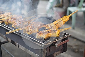 Hot Grilling chickens plugged with bamboo. smoked grill chicken barbecue, thai local food, traditional food Thailand