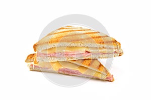 Hot ham and cheese sandwich on white background