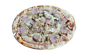 Hot Ham Mushroom and Pork Bacon Pizza on white background, food, american, fastfood, fresh, animal, pork, copy space