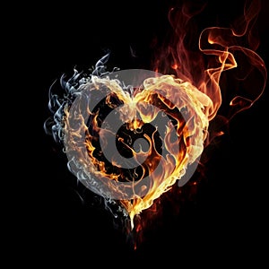 Hot heart symbol made of flamed fire isolated on black background. photo