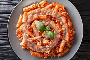 Hot hearty Tortiglioni pasta with bolognese sauce close-up in a plate. Horizontal top view