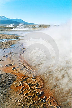 The hot and hellish landscape of El Tatio geysers in the Andes mountains Northern Chile