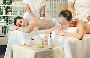 Hot herbal ball spa massage body treatment at day spa . Quiescent