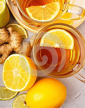 Hot herbal tea with ginger, lemon and honey