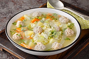 Hot homemade Rice Meatball Soup with celery, carrots, onions and potatoes close-up in a bowl. Horizontal