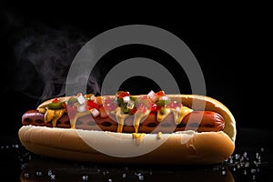 Hot hot dog with grilled sausage on a black background. Generative AI