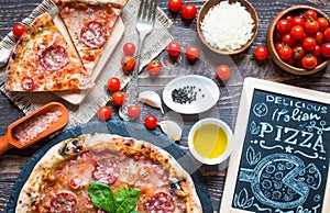 Hot Italian pizza on a rustic wooden table.