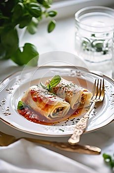 Hot Italian Stuffed Cannelloni served on white plate