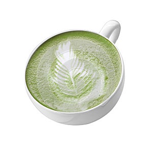 Hot Japanese green tea in white cup on white background