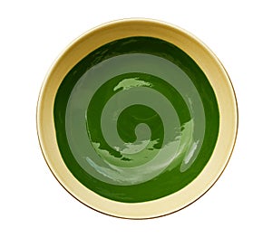 Hot Japanese organic Matcha green tea ceremony top view isolated on white