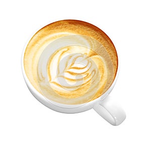 Hot latte in ceramic cup on white background