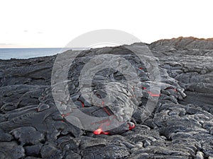 Hot Lava Flowing on Big Island, Hawaii.