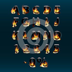 Hot letters and numbers on fire. Alphabet.Fire burning vector font. Part 1