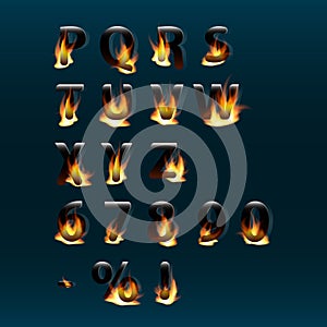 Hot letters and numbers on fire. Alphabet.Fire burning vector font. Part 2
