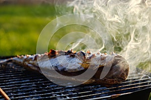 Hot mackerel fish on a grilling pan, with herb spices on fire