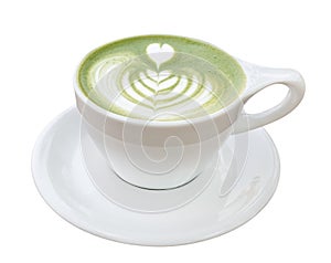 Hot matcha green tea latte art foam isolated on white background, path