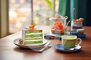 hot matcha latte with a slice of cake, caf setting photo