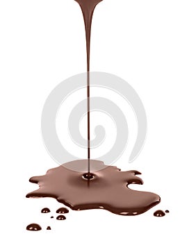 Hot melted chocolate pouring on white background