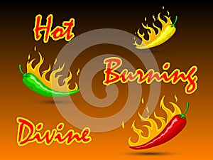 Hot mexican chili peppers. Red, green and yellow peppers with fire and burning. Vector horizontal