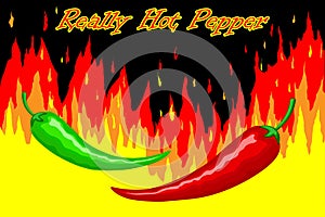 Really hot mexican peppers. Green and red peppers on fire wall background. Vector horizontal