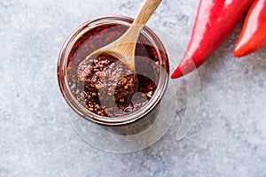 Hot Mexican Spicy Chili Red Sauce Salsa Macha with Red Pepper Powder in Jar.