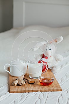 Hot milk in a glass cup and honey on wooden board. Treatment of children drink. folk remedies in bed. Soft toy