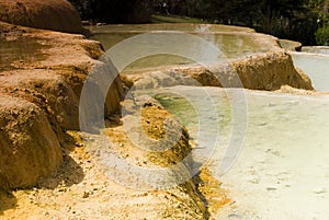 Hot mineral water Karahayit natural travertine pools in Pamukkale.