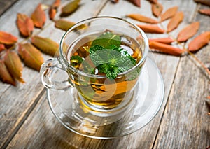 Hot mint tea in glass cup with atmospheric autumn decorations