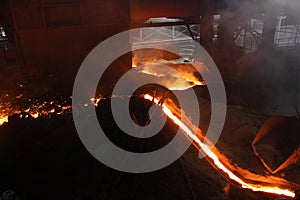 Hot molten iron flowing in the canal in iron factory