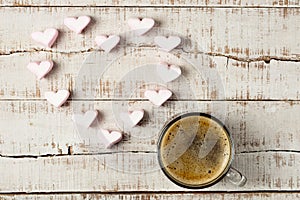 Hot morning coffee with heart shaped ÃÂ¼arshmallows