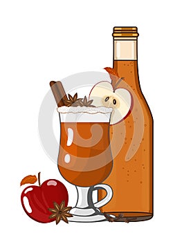Hot Mulled Apple Cider Ale Or Punch Ready to Drink. Winter Warming Cocktail. Vector illustration of alchohol drink in flat style
