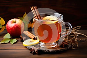 Hot mulled apple cider with with cinnamon sticks, cloves and anise