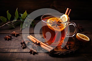 Hot mulled apple cider with with cinnamon sticks, cloves and anise on wooden table