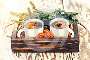 Hot mulled cider or spiced tea photo