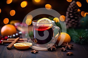 Hot mulled wine one glass Christmas drink with of infused with aromatic spices, citrus, cinnamon, star anise, and orange