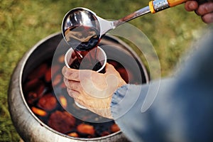 Hot mulled wine in picnic