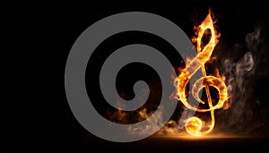 Hot music song concept with fire burning musical note in flames