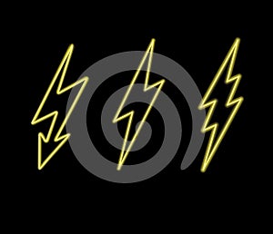 Hot neon set glowing lightning bolts vector.thunderbolt icon.Flash symbol illustration.Lighting Set.Electricity on black backgroun