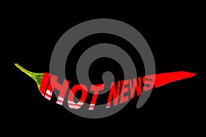 HOT NEWS, creative text written on red, hot, chili pepper. Black isolated background