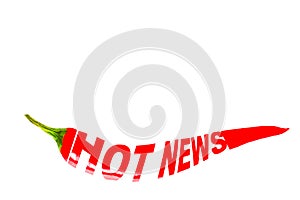 HOT NEWS, creative text written on red hot chili peppers. White isolated background