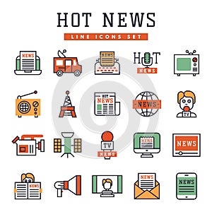 Hot news icons flat style colorful set websites mobile and print media newspaper communication concept internet