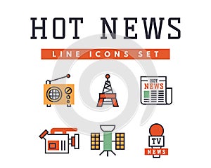 Hot news icons flat style colorful set websites mobile and print media newspaper communication concept internet