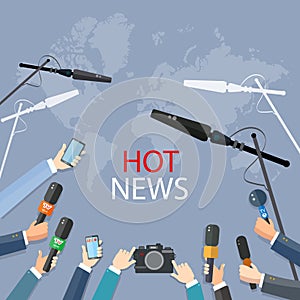 Hot news live report journalists with microphones photo