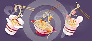 Hot noodle with additions, chopsticks and steam